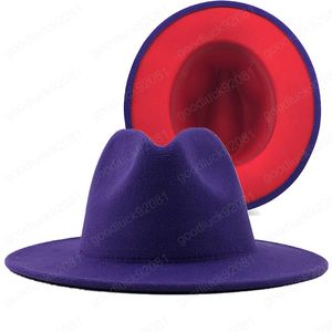 紫色の赤いパッチワークウールフェルトジャズFedora帽子女性ワイドブリムパナマパーティーTrilbyカウボーイキャップの男性紳士の結婚式の帽子