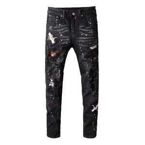 Sokotoo män svart fågel broderade målade rippade jeans streetwear hål patchwork stretch denim byxor mager penna byxor y200116
