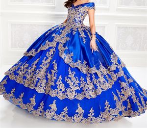 Royal Blue Quinceanera com Cristal Aplicado de Ouro, vestidos de baile de bola de ombro Lace-up Sweet 16 vestidos