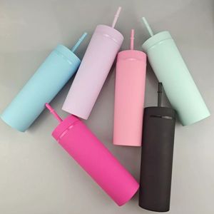 16oz akryl tumbler dubbla vägg plast tumblers skinny tumblers matt färger blandade med lock och halm