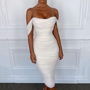 Women winter dress sexy party club night bodycon off shoulder pleated backless slip white black midi ruched dresses woman fall 201008