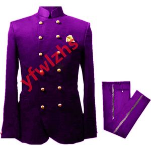 Bonito Dupla-Breasted Groomsmen Mandarin Lapel Noivo TuxeDos Homens Suits Casamento / Prom / Jantar Homem Blazer (Jacket + Tie + Calças) T383