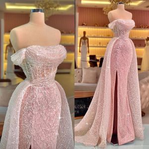 2022 Moda Syrenka Suknie Wieczorowe Side Split Koronki Cekiny Suknie Celebrity Dostosuj Pleat Corset Top Elegant Vestido de Novia