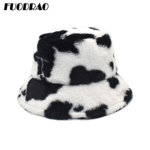 FUODRAO New Winter Cow Bucket Hat Women Faux Fur Girl Hat Fashion Warm Panama Outdoor Fisherman Cap Men 3Colors M135 201102