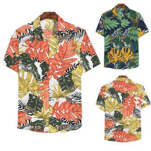 Erkek Yaprakları Baskı Gömlek Moda Trend Kısa Kollu Hırka Yaka Boyun Gömlek Bahar Erkek Yeni Rahat Tek Göğüslü Plaj Gevşek Tops