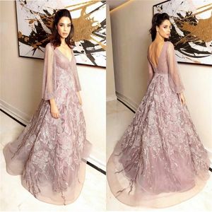 Pink Long Sleeves Prom Dresses Sexy V Neck Backless Appliqued Lace Chic A Line Evening Dresses Sweep Train Custom Made Pageant Gowns