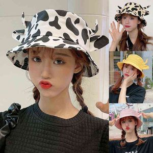 Korean Women Men Summer Cotton Bucket Hat Milk Cow Pattern Kawaii 3D Ox Horn Ears Wide Brim Sunscreen Fisherman Cap Y220301