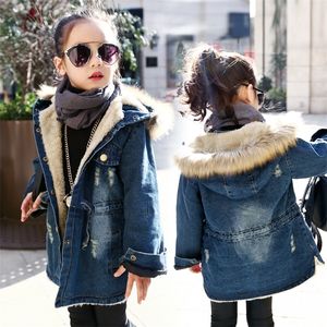 Meninas de inverno longo denim jaqueta mais parka adolescente menina menina colarinho capuz casaco outono crianças engrossar outerwear 4 6 8 10 12 anos lj201017