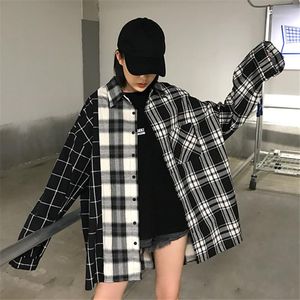 Spring Autumn Women Blue Vintage Plaid Långärmad lapel Löst toppar kvinnliga skjortor Fashion Studentkläder Nya damer TOP1