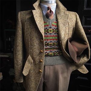 Handsome British Style Men Suits Woolen Harringbone Lapel Fit Bridegroom Formal Wear For Best Men Long Coat Newest Custom Made