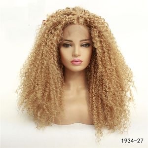 Afro Kinky Curly Synthetic Lacefront Wig Brown Simulering Mänsklig Hårspets Front Paryk 14 ~ 26 tum Högtemperaturfibrer Pelucas 1934-27