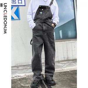 남자 청바지 uncledonjm denim rompers mens 싱글 가슴 점프 슈트화물 진 바지 편부금 롬퍼 느슨한 피트 b01-gra1