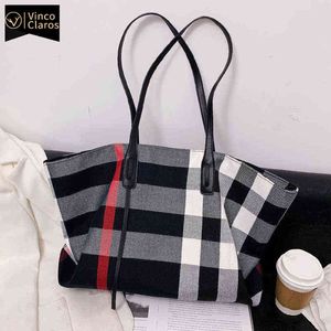 Shoppingkassar Stora Kapacitet Bomull Tyg Plaid Casual Tote För Kvinnor Lyx Märke Fashion Shoulder Bag Handväskor Designer Bolsos Sac New220307