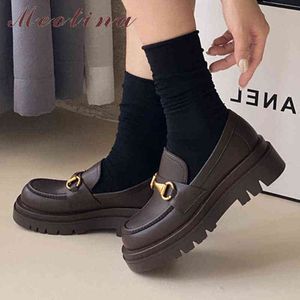 Mulheres Genuínas Bombas De Couro Mocassins Sapatos Plataforma Alta Salto De Metal Decoração Grosso Senhora Senhora Spring Brown 43 Y220225