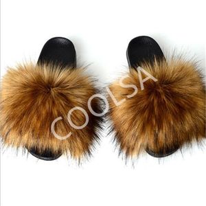 Kvinnors tofflor faux fluffig sommar plysch hemskor kvinnor glider damer falska räv hår sandaler kvinnlig päls flip flops y2 88