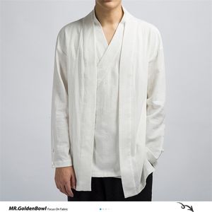 INS Abbigliamento uomo Uomo Cotone e lino Solido Causale Kimono Giacca nera Maschile Giacca a vento stile coreano 201118
