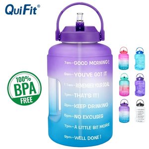 Quifit 2.5l 3.78L Plastikowe Uzdrowate Usta Duże Butelki Wody Pitnej Z Słomy BPA Bezpłatne Sport Fitness Turystyka Gym Travel Unikalny przedmiot 201127