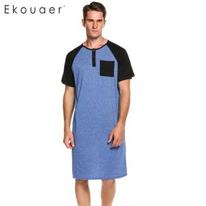 Ekouaer الرجال النوم طويل النوم قصيرة الأكمام نوم قميص ليلة مريحة فضفاضة قميص النوم الذكور homewear sleepshirts 201023