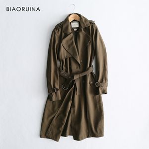 Biaoruina Mulheres Classic Sólido Long Trench Revestimento Feminino Doube Breasted Trench Sashes Inglaterra Estilo Estilo Coleira Down Outerwear T200319