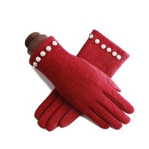 Luxury-Women Winter Plus Velvet Inside Touch Screen Gloves Pearl Decoration Cashmere Blend Thicken Female Elegant Keep Warm Gloves