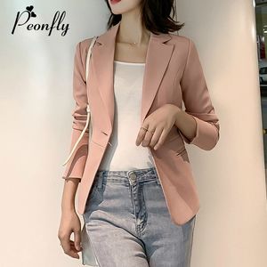 PeOnfly Womenフォーマルピンクレッドブレザー長袖レディースコート女性ポケットシングルボタンブレザーソリッドビジネススーツLJ201021