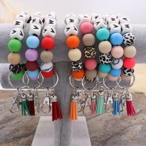 Festa Favor Mama Silicone Beads Braceletes Chaveiro Liga Comida Grau Pulseiras Beech Tassel Chaves Cadeia Pingente de Couro LLF14015