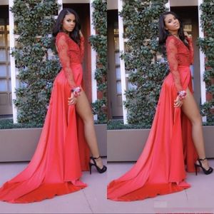 Red Prom Dresses Long Sleeves High Split Illusion Lace Applique Beaded Chiffon Sweep Train Evening Party Gowns Vestidos 403