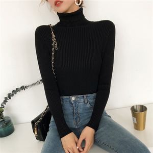 Atacado Outono Outono Mulheres Camisola Slim Soft Manga Longa Pescoço Alto Malha Pullover Sexy Stretch Stretch Turtleneck Black Sweaters 201224