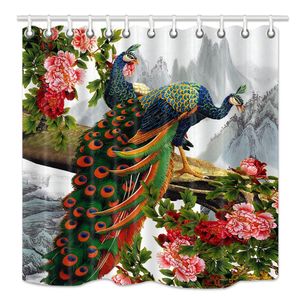 華やかな孔雀の牡丹の花の風景絵画シャワーカーテンカーテン抵抗力のある防水バスルームバスカーテンT200711