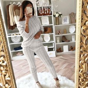 여성용 스웨터 여성 숙녀 솔리드 어깨 케이블 니트 따뜻한 2PC Loungewear 정장 세트 가을 스웨터 여성 2021 여자 겨울 격자 무늬