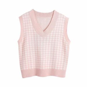 Women 2021 Fashion Oversized Houndstooth Knitted Vest Sweater Vintage Sleeveless Side Vents Female Waistcoat Chic Tops