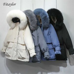 Fitaylor jaqueta de inverno mulheres grande pele natural branco pato para baixo casaco grosso parkas faixa quente amarrar zíper neve outerwear 211223