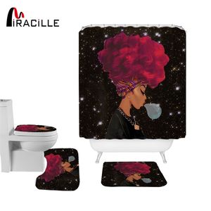 Miracille Mode Afrikanische Frau Polyester Duschvorhang Set Rutschfeste Teppiche Teppich für Badezimmer Toilette Flanell Badematte Set 4 Stück 201127