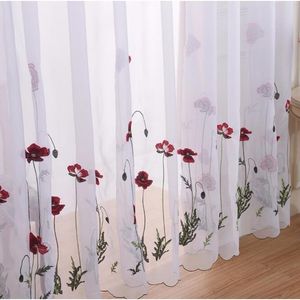 Classic White Sheer Embroidered Red Flower Curtains Tulle for Living Room Simple Pastoral Window Screen Voile Curtain bedroom LJ201224
