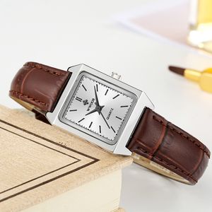 Wwoor Top Märke Luxury Women Square Klockor Brun Leather Quartz Small Ring Ladies Armbandsur Gift för Kvinnor Montre Femme 201118