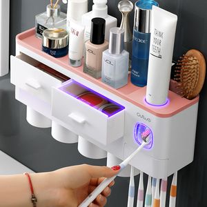 Bathroom Accessories Organizer Holder Set Toothbrush Holder Wall-Mount Automatic Toothpaste Dispenser Make-up Storage Rack LJ201128