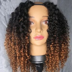 Блеслисная омбре блондинка U Part Wig Kinky Curly 100% человеческие волосы 4A Bouncy Curl 250density Peruvian Remy Полная машина сделана наполовину парики