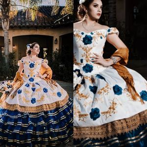 Tradycyjny Meksyk Charro Quinceanera Suknie Haftowane Kwiatowe Lace Off The Should Satin Ball Suknia Długie Wielopoziomowe Vestidos de XV Años 15 Sweet 16 Dresses Girls