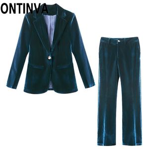 Escritório Senhoras Dois Peça Ternos De Veludo Blazer e Calças Mulheres Inverno Outono Roxo Escuro - Casaco Azul Casaco com Bolso 4XL Plus Size 220315