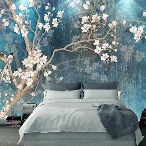 Wallpapers Drop Custom 3D Murals Wallpaper Nordic Blue Vintage Hand Painted Flowers Birds Oil Painting Wall PaperMural De Parede1