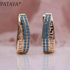 Pataya Moda 585 Rose Gold Blue Natural Cyrkon Dangle Kolczyki Kobiety Nieregularne Kolczyk Hollow Fine Multicolor Cute Jewelry