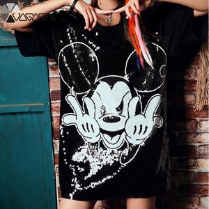 Frauen Plus Größe Kleider Kurzarm Casual Lose Mode Cartoon Streetwear Pailletten Party Club Mini Sommer Kleid Mujer T200320