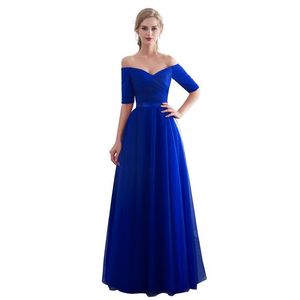 Beauty Emily Royal Blue Tulle Bridesmaid Dresses Long A-line V-Neck Formal Wedding Party Gowns Party Formal Prom Dresses Y200109