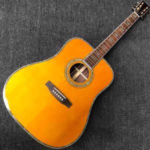 Niestandardowe 6 ciągi 45s Kształt ciała 41-calowy gitara akustyczna w żółtym obrazie Porcewirowa podstrunnica stały świerk