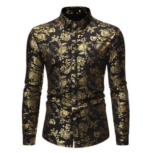 Мужские модные блестящие золотые цветочные рубашки 2020 бренд Slim Fit Fit Fit Trass Froot