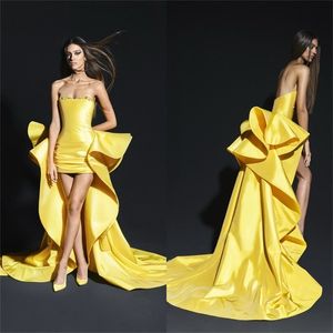 Yellow Hi-Lo Evening Dresses Strapless Beads Ruffles Satin Formal Party Gowns Custom Made Robes De Mariée Prom Dresses