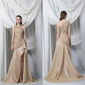 Champagne Evening Dresses Sexy One Shoulder Split Lace Appliques Prom Gowns Custom Made Sweep Train Special Occasion Dress