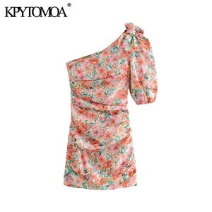 Kpytomoa المرأة مثير الأزياء الأزهار طباعة واحدة الكتف غمد البسيطة اللباس خمر القوس الأكمام الجانب سستة فساتين أنثى موهير T200604