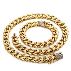High Quality 185g heavyweight Crystals Gold stainless steel Cuban curb chain necklace bracelet Mens jewelry set 13mm wide 50cm+21cm