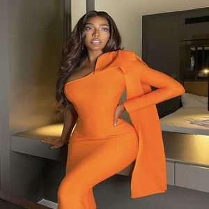 Pista laranja azul bowrowt um vestido de bandagem de rayon de manga longa vestido de coquetel bodycon